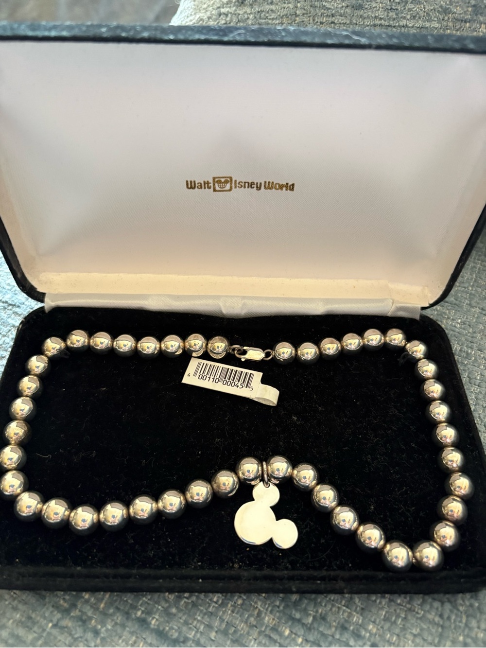 Authentic Disney Vintage Sterling Mickey Pendant Bead Necklace with Tag and box